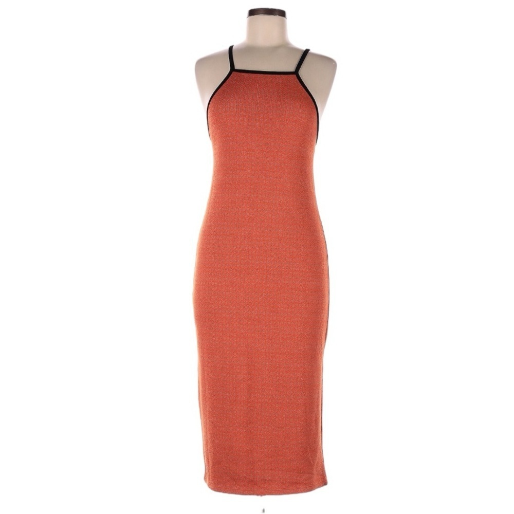 ZARA Orange Midi Bodycon Dress Jacquard Print Summer Sleeveless Party Fitted M L